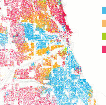 Dot map of Chicago showing racial and ethnic residential patterns, with colors representing Black, Latino, Asian, and White populations. 