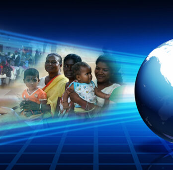 Global health graphic showing children and families beside a globe, with blue digital lines across a dark background. 