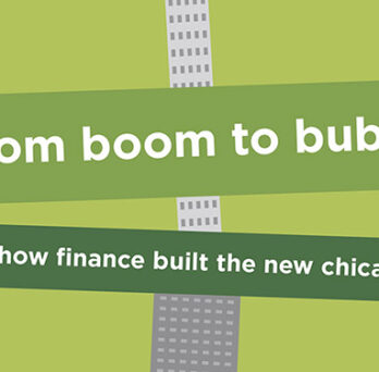 Book cover for From Boom to Bubble: How Finance Built the New Chicago, featuring green panels over a stylized high-rise building. 