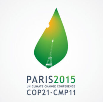 Paris 2015 COP21 climate conference logo featuring a green leaf-shaped graphic and text reading “COP21-CMP11.” 
