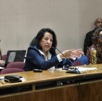 A woman speaks into a microphone during a public hearing or meeting, gesturing with one hand while seated at a conference table. 