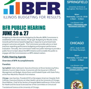 Flyer for Illinois Budgeting for Results public hearings on June 20 and 27, with event details for Springfield and Chicago. 