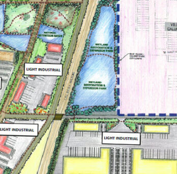 Illustrated redevelopment site plan showing commercial, retail, light industrial, parking, open space, and stormwater areas within a larger corridor layout. 