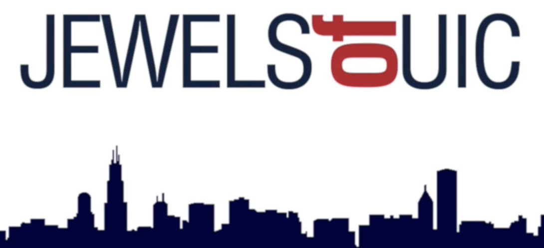 Logo reading “JEWELS of UIC” in navy, red, and gray, with a navy Chicago skyline silhouette along the bottom.