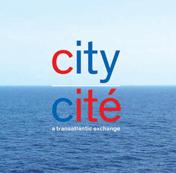 City Cité event graphic with red and blue text over an ocean horizon background. 