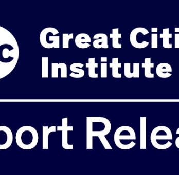Great Cities Institute report release graphic with UIC logo and white text on a dark blue background. 
