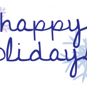 Handwritten-style “happy holidays!” text with light blue snowflake graphics in the background. 