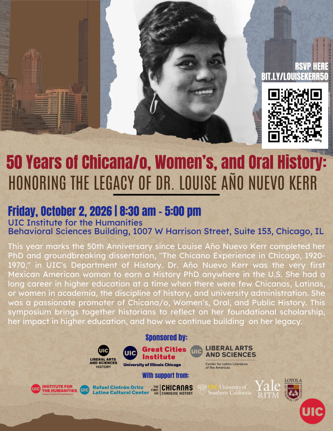 Flyer honoring Dr. Louise Año Nuevo Kerr and 50 years of Chicana/o, women’s, and oral history. The symposium will be held October 2, 2026, at UIC’s Behavioral Sciences Building.