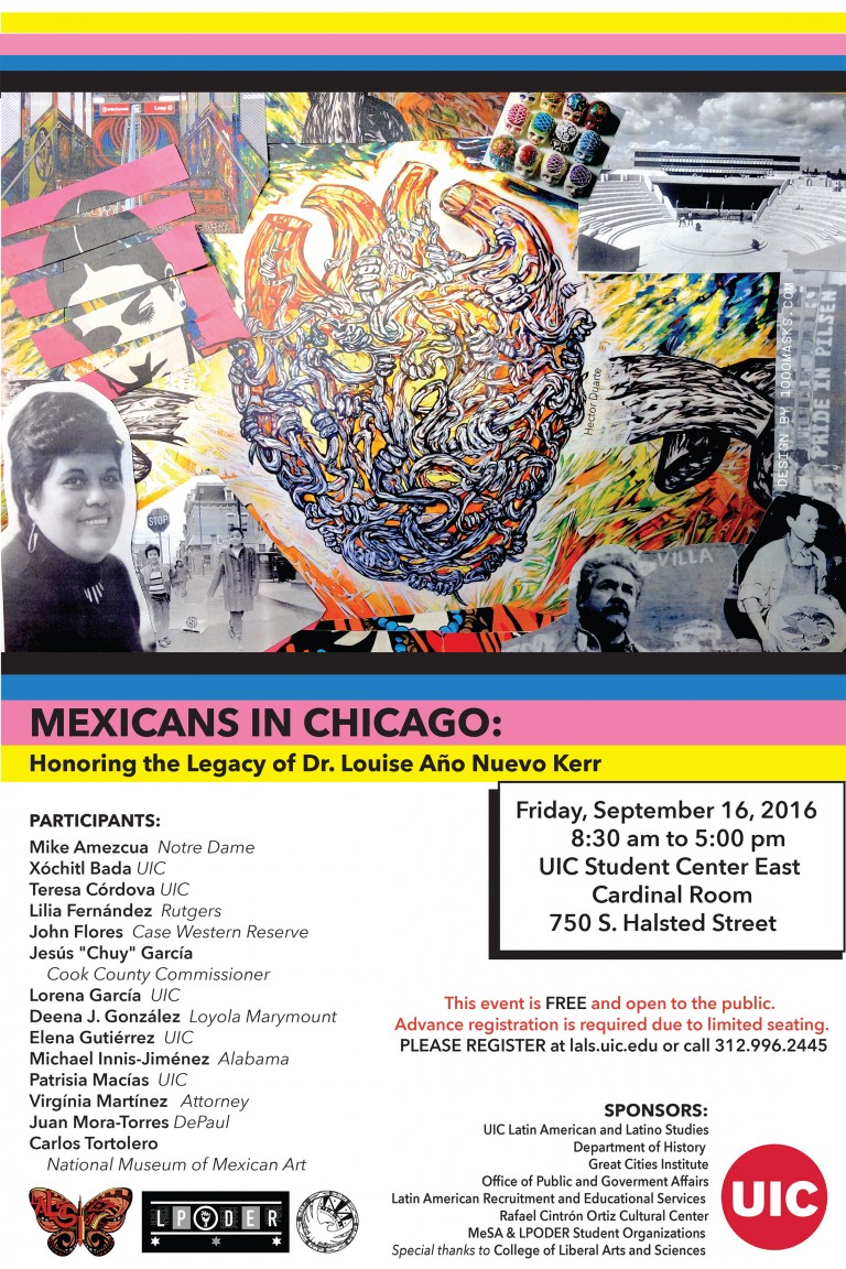 Flyer for the 2016 Mexicans in Chicago: Honoring the Legacy of Dr. Louise Año Nuevo Kerr conference, featuring a colorful mural collage, event speakers, sponsors, and logistics for the September 16 program at UIC Student Center East.