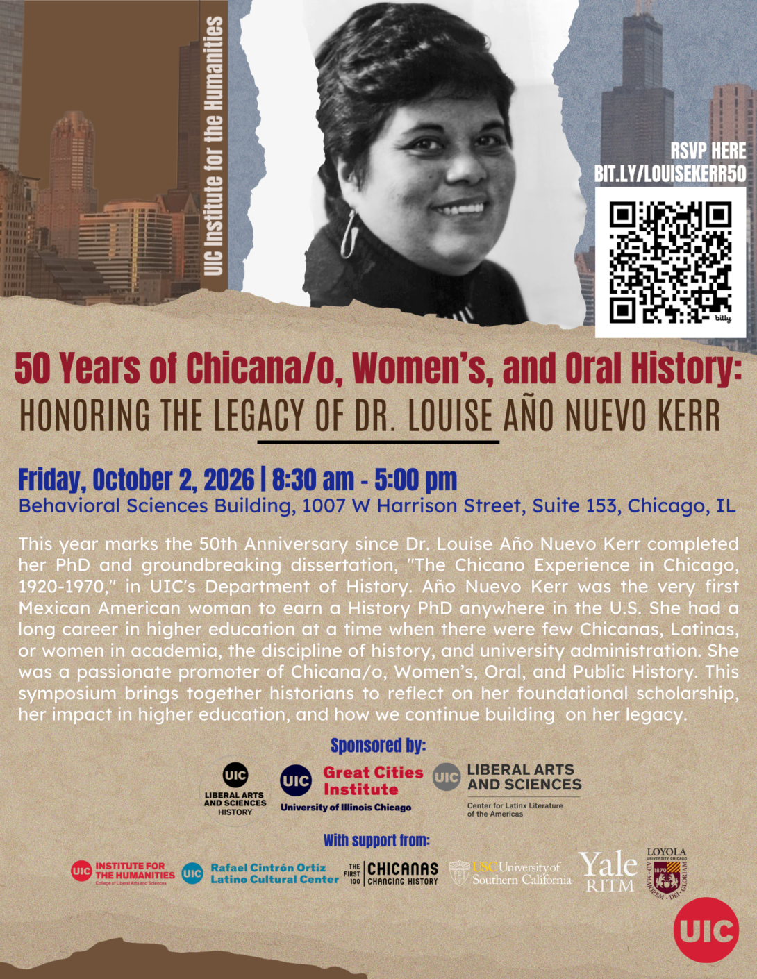 Flyer honoring Dr. Louise Año Nuevo Kerr and 50 years of Chicana/o, women’s, and oral history. The symposium will be held October 2, 2026, at UIC’s Behavioral Sciences Building.