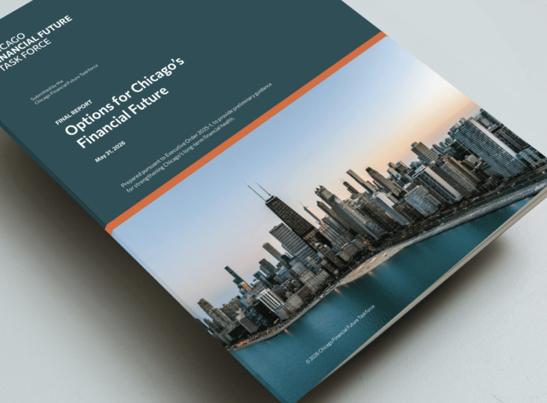 Angled view of the Options for Chicago’s Financial Future report cover, featuring Chicago’s skyline along Lake Michigan.