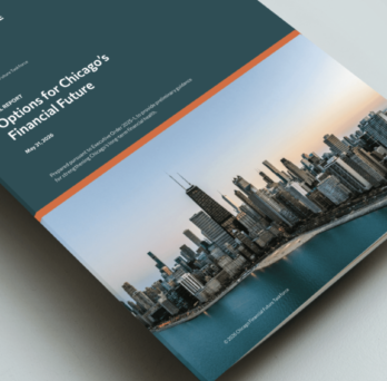 Angled view of the Options for Chicago’s Financial Future report cover, featuring Chicago’s skyline along Lake Michigan. 