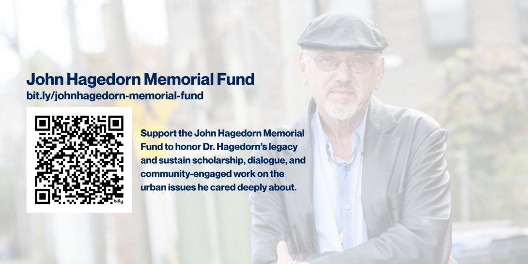 Graphic promoting the John Hagedorn Memorial Fund, featuring a QR code, donation link, and a faded background image of John Hagedorn seated outdoors.
