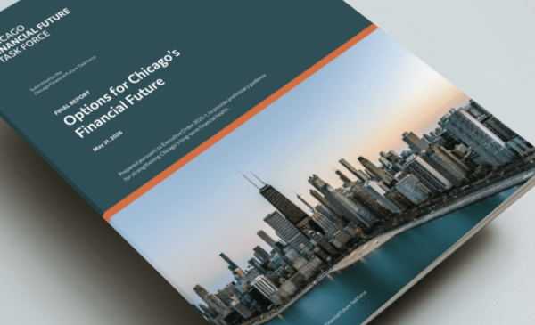 Angled cover of the Chicago Financial Future Task Force report, featuring a teal design and a panoramic image of the Chicago skyline.