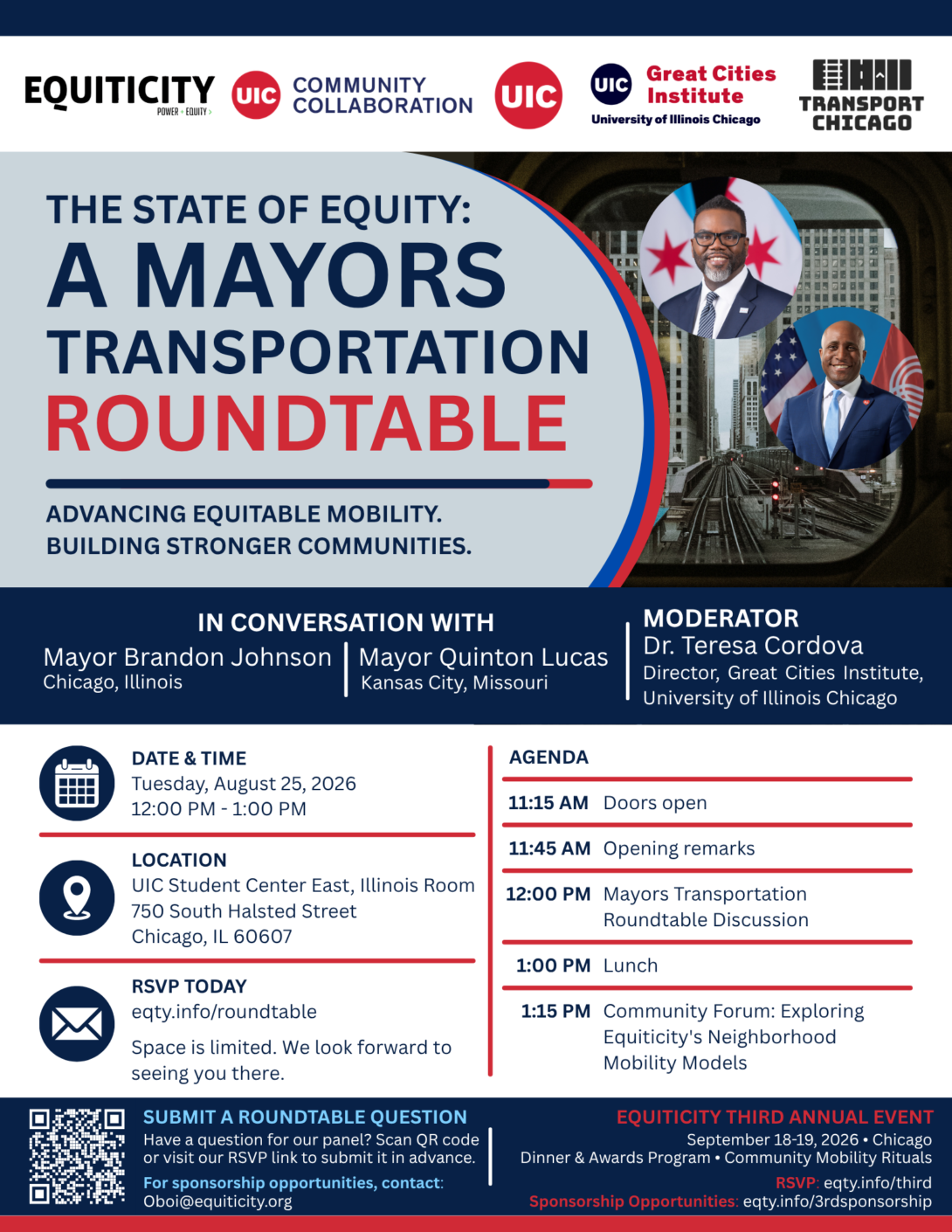 Flyer for “The State of Equity: A Mayors Transportation Roundtable,” featuring Mayor Brandon Johnson of Chicago and Mayor Quinton Lucas of Kansas City, with Dr. Teresa Cordova of the Great Cities Institute as moderator. The event is Tuesday, August 25, 2026, from 12–1 p.m. at UIC Student Center East in Chicago. The flyer highlights equitable mobility and stronger communities, with an agenda including opening remarks, the mayors’ transportation roundtable discussion, lunch, and a community forum on neighborhood mobility models. RSVP at eqty.info/roundtable.