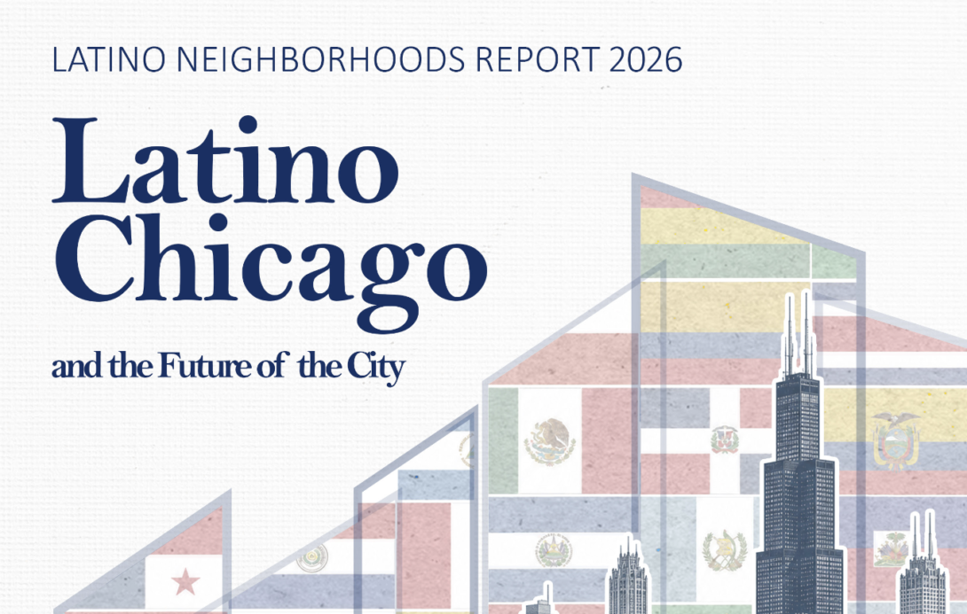 Cropped cover of the 2026 Latino Chicago and the Future of the City report, featuring the report title in dark blue alongside geometric illustrations of Chicago’s skyline and elevated train tracks, overlaid with Latin American flags and cultural imagery.