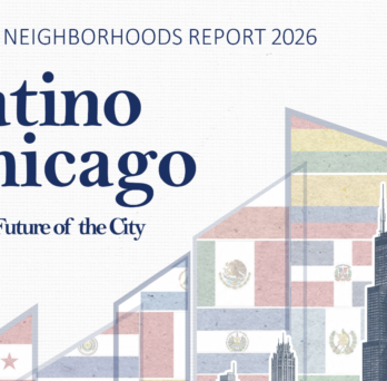Cover detail for the 2026 Latino Chicago and the Future of the City report, featuring the report title alongside layered flag-inspired graphics representing Latino communities and the Chicago skyline.