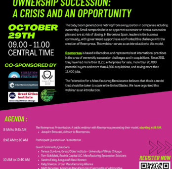 Webinar flyer for “Learn About the Reempresa Model: Ownership Succession—A Crisis and an Opportunity,” held October 29 from 9:00 to 11:00 AM Central Time. The event explored how Barcelona’s Reempresa model facilitates small business ownership transfers, preserves jobs, and supports economic development. The flyer features bright green and white text on a black background, a magenta agenda section listing presenters and panelists, logos of five co-sponsoring organizations, and a registration QR code in the lower-right corner.
