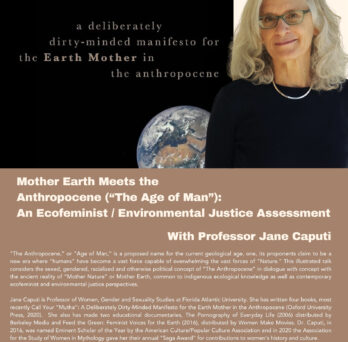 Event flyer for “Mother Earth Meets the Anthropocene (‘The Age of Man’): An Ecofeminist / Environmental Justice Assessment,” featuring Dr. Jane Caputi of Florida Atlantic University. Held February 20, 2024, from 3:00 to 5:00 PM at UIC’s Student Center East, the lecture explored ecofeminism, environmental justice, Indigenous ecological knowledge, and humanity’s relationship with nature. The flyer features a portrait of Dr. Caputi, the cover of her book Call Your “Mutha”, a beige and brown background, event details, sponsoring organizations’ logos, and a registration QR code.