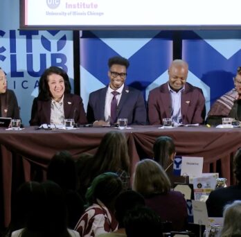 Screenshot from the City Club of Chicago’s October 20, 2026, panel discussion, “The Power of Social Enterprises to Reduce Recidivism,” showing five panelists seated at a table onstage, with audience members in the foreground. The discussion highlighted the Great Cities Institute’s Drugs, Crimes, & Consequences report and explored employment social enterprises, reentry support, and strategies to reduce recidivism.